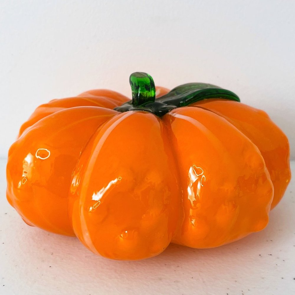 Vintage Hand Blown Art Glass Pumpkin Gourd Orange w/ White Stripes and Bumps 6"